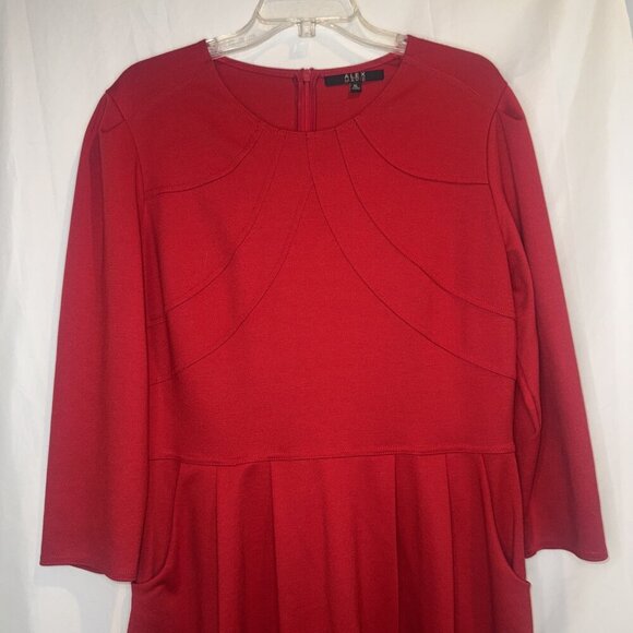 Alex Marie Women’s Red Knit 3/4 Sleeve Pleated Midi Dress XL Stretch Minimalist - Picture 2 of 9